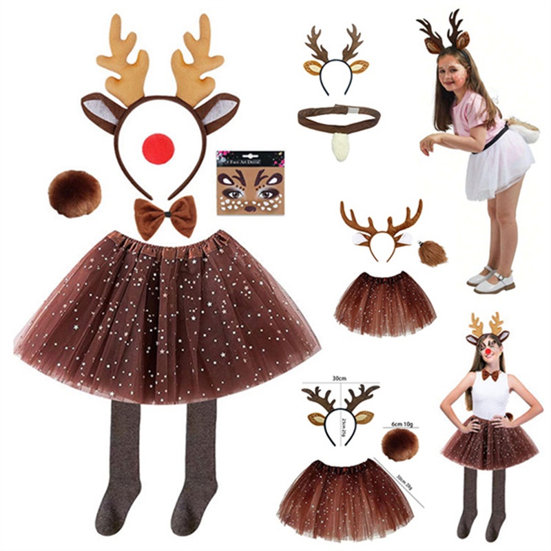 NEW 7PCS/set Christmas Deer Costume Accessories Reindeer Antlers Headband  with Fawn Tail for Girls Women Halloween Dress Up Cosplay Party