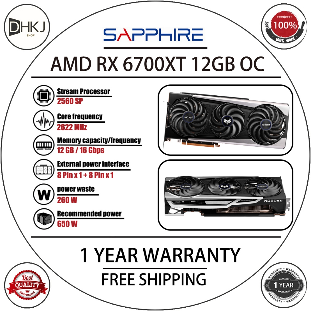 USED SAPPHIRE RX 6700 XT 12GB Graphics Card 2560SP 2581MHz GDDR6 12GB ...