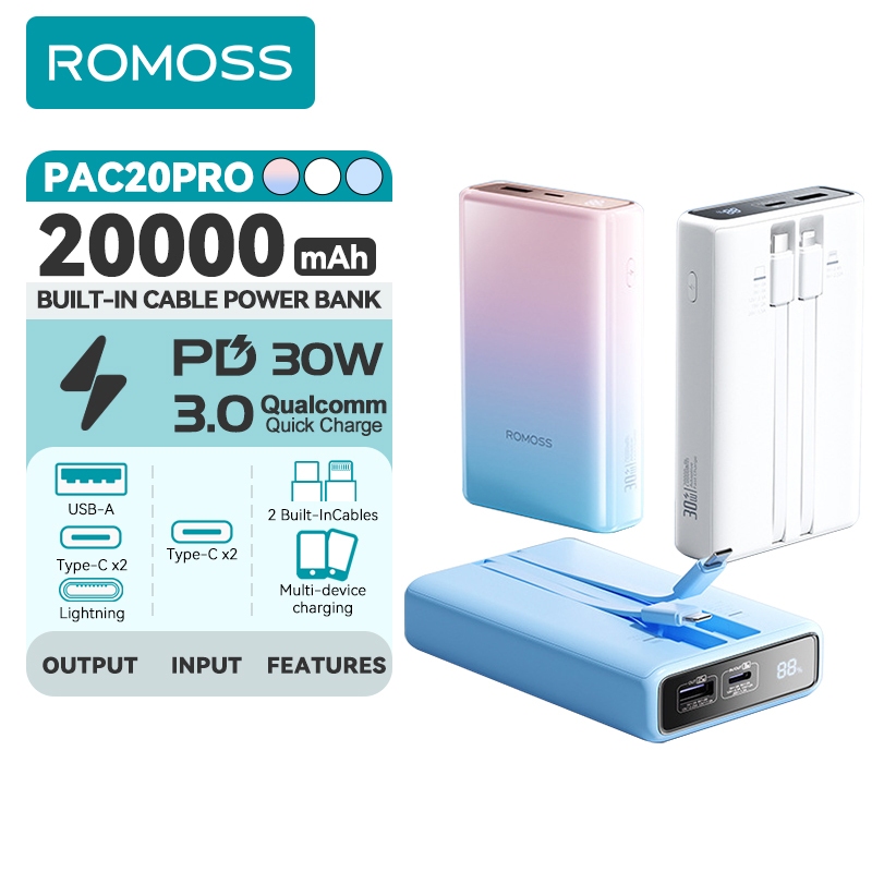 Romoss PAC20 20000mah Power Bank 30W Super Fast Charging Built In Cable ...