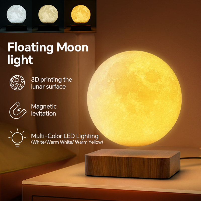 3 Color Magnetic Levitation Moon Lamp Rotating Room Desktop Decoration ...