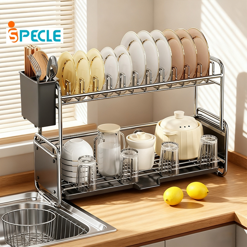 iSPECLE 2-Tier Dish Drainer Rack Dish Drying Rack For Kitchen Metal ...