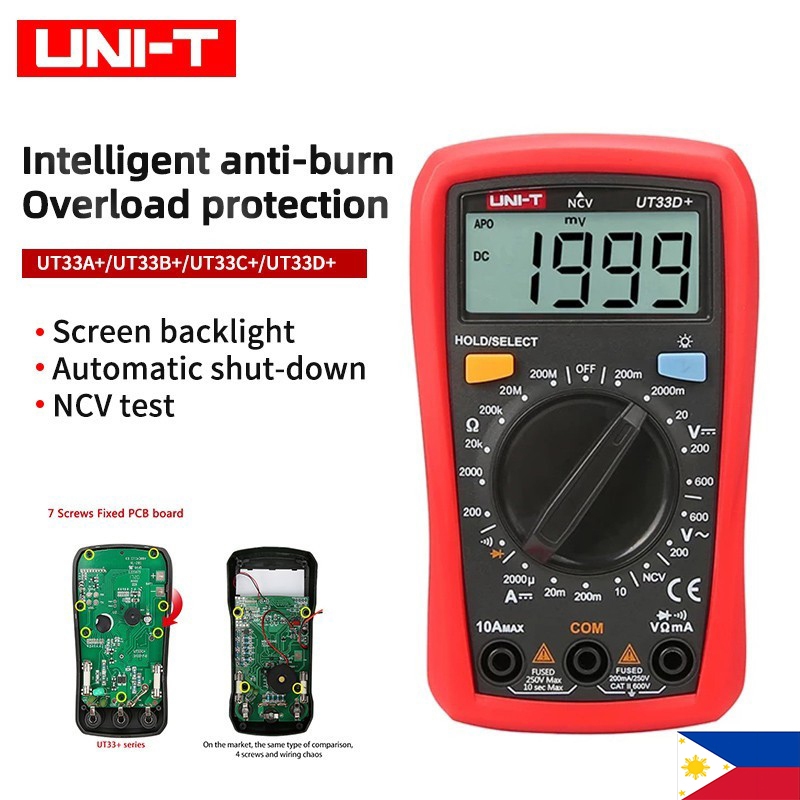 UNI-T Multimeter tester digital AC DC 2mF 200MΩ NCV UT33D+ Overload ...