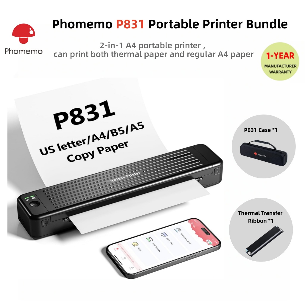 Phomemo P831 Portable Printers Bundle with Case, Wireless for Travel ...