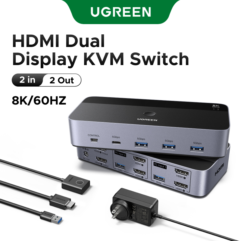 UGREEN 8K@60Hz Dual HDMI 2.1 KVM Switch Ultra HD USB 3.0 Dual-Monitor ...