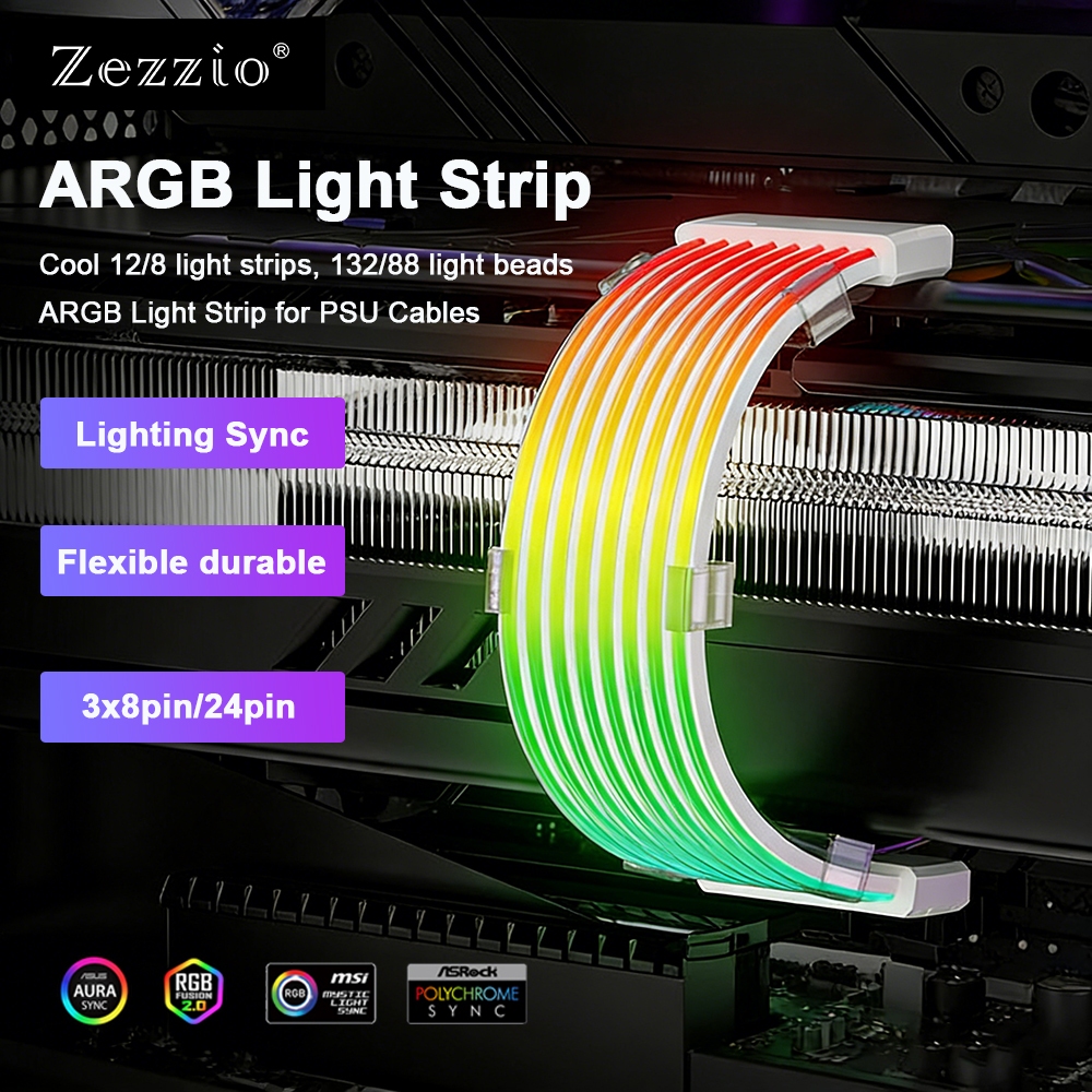 ZEZZIO PC RGB Light Strip 5V 3Pin ARGB Sync PSU Cable 8/24PIN ...