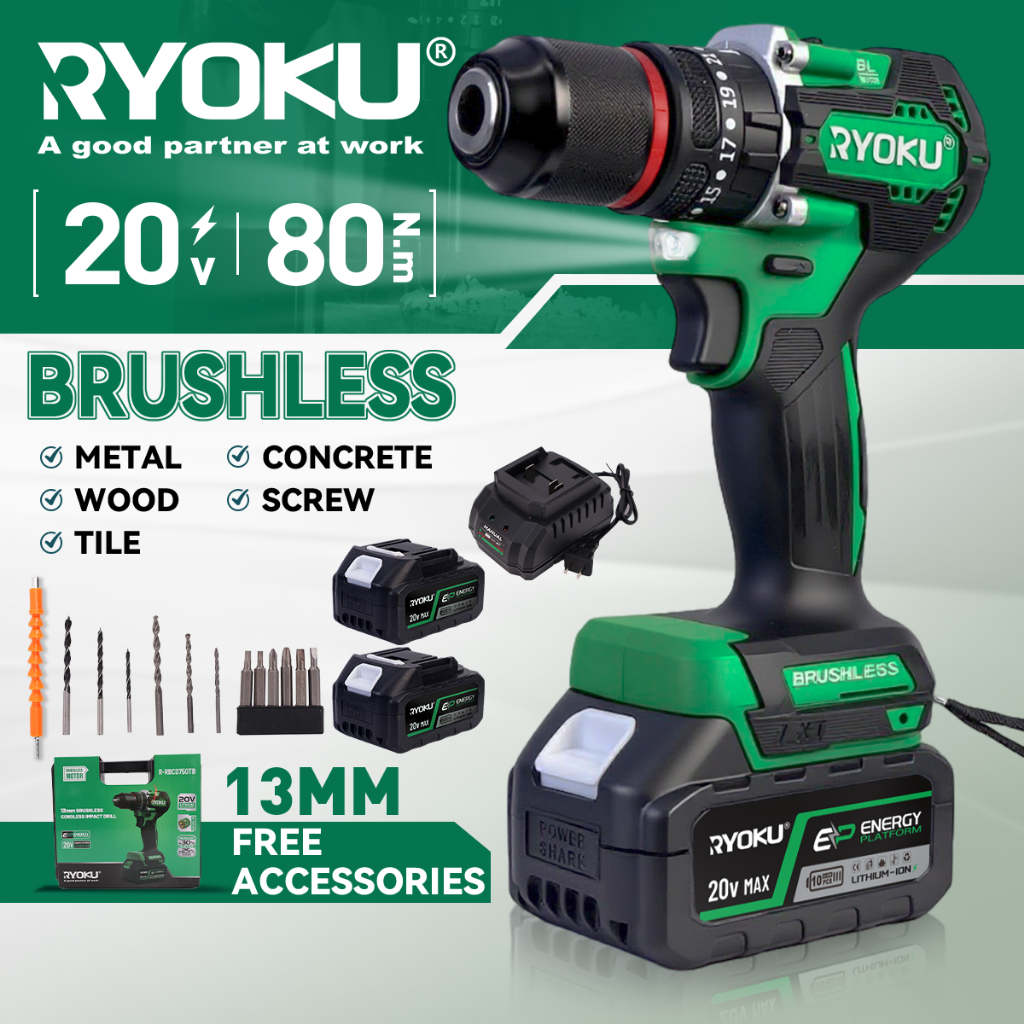 RYOKU Original 13MM Cordless Impacrt Drill Professional Brushless drill ...