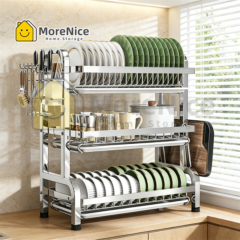 MoreNice 2/3 Tier Dish Rack Stainless Steel Heavy Duty Countertop Plate ...