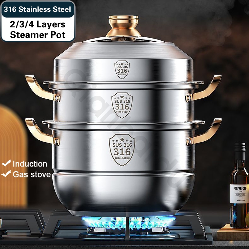 [Qianbaidu] 316 Stainless Steel Steamer Cooker - 2/3/4 Layer Cooking Pot for Food/Steaming/Boiling