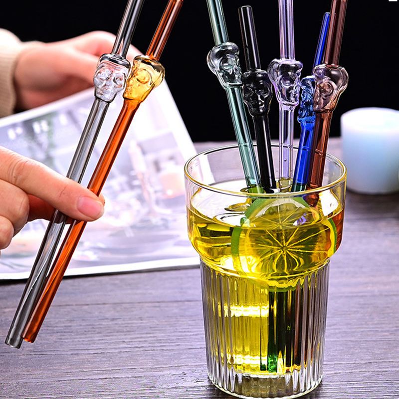 Reusable Glass Straws – Spooky Skull Crazy Silly Design Drinking Straws ...