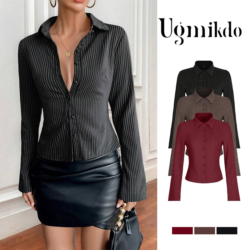 Ugmikdo Korean version V-neck striped shirt long sleeved slim fit ...
