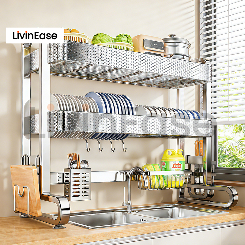 LivinEase Stainless Steel Sink Rack with Honeycomb Coating Over Sink ...