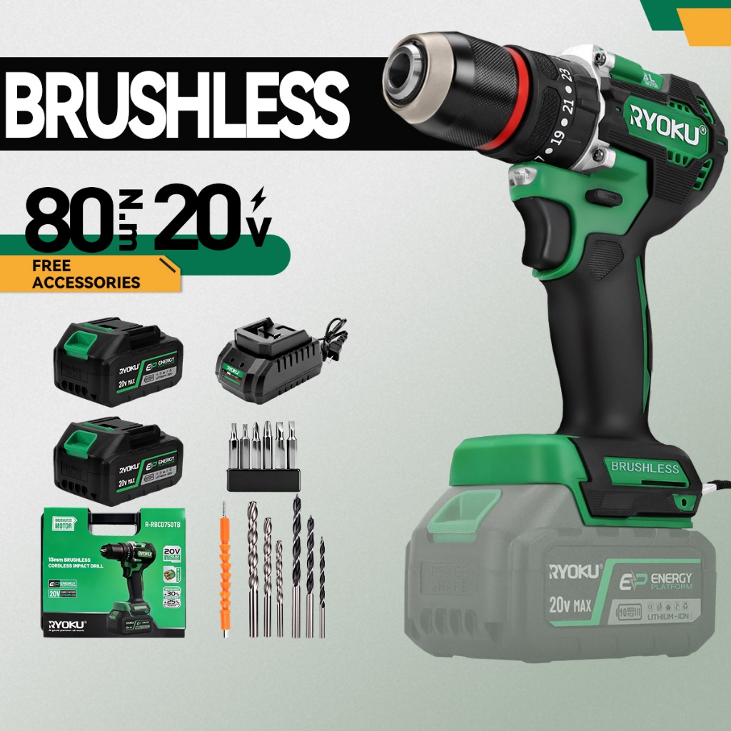 RYOKU 13MM Cordless Impacrt Drill ToolBox Brushless drill With Two ...