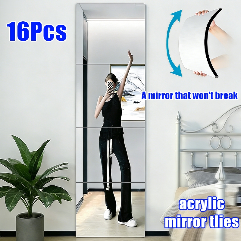 16pcs Square Wall Mirror Bedroom Living Room Mirror Sticker Self ...