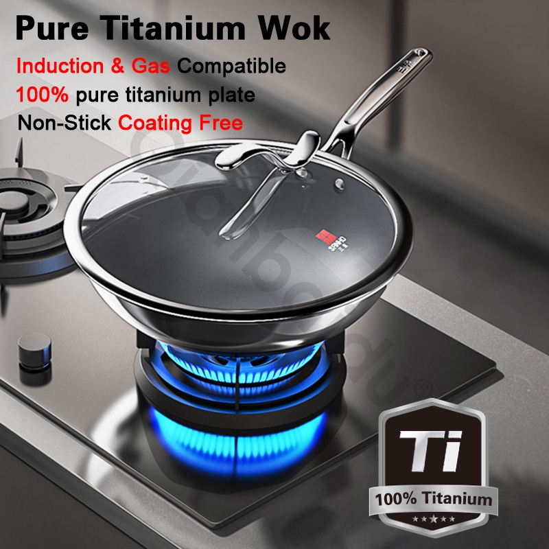 100% Pure Titanium Wok/Frypan/Milk Pot - Non-Stick Coating Free Cookware, Induction & Gas Compatible