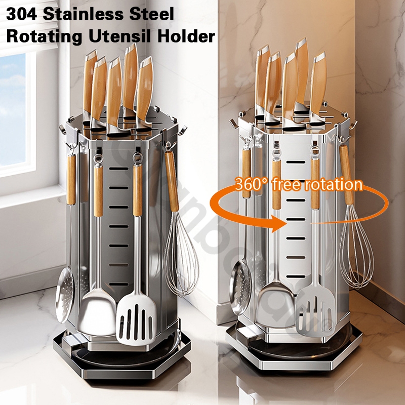 304 Stainless Steel Rotating Knife Holder - Kitchen Organizer for Utensil/Tools with Drip Tray/Hooks