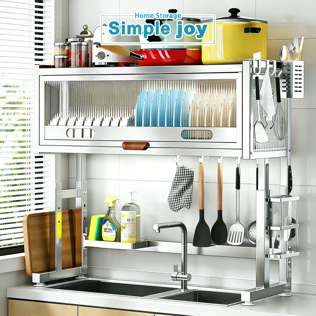 SimpleJoy Stainless Steel Over Sink Dish Rack with Cover Adjustable ...