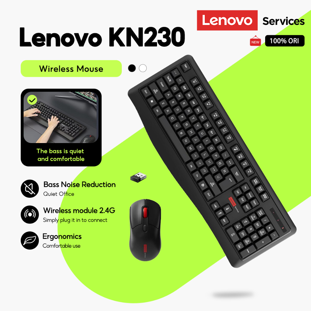 Lenovo KN230 2.4G Wireless Keyboard and Mouse Combo Ultra-slim Silent ...