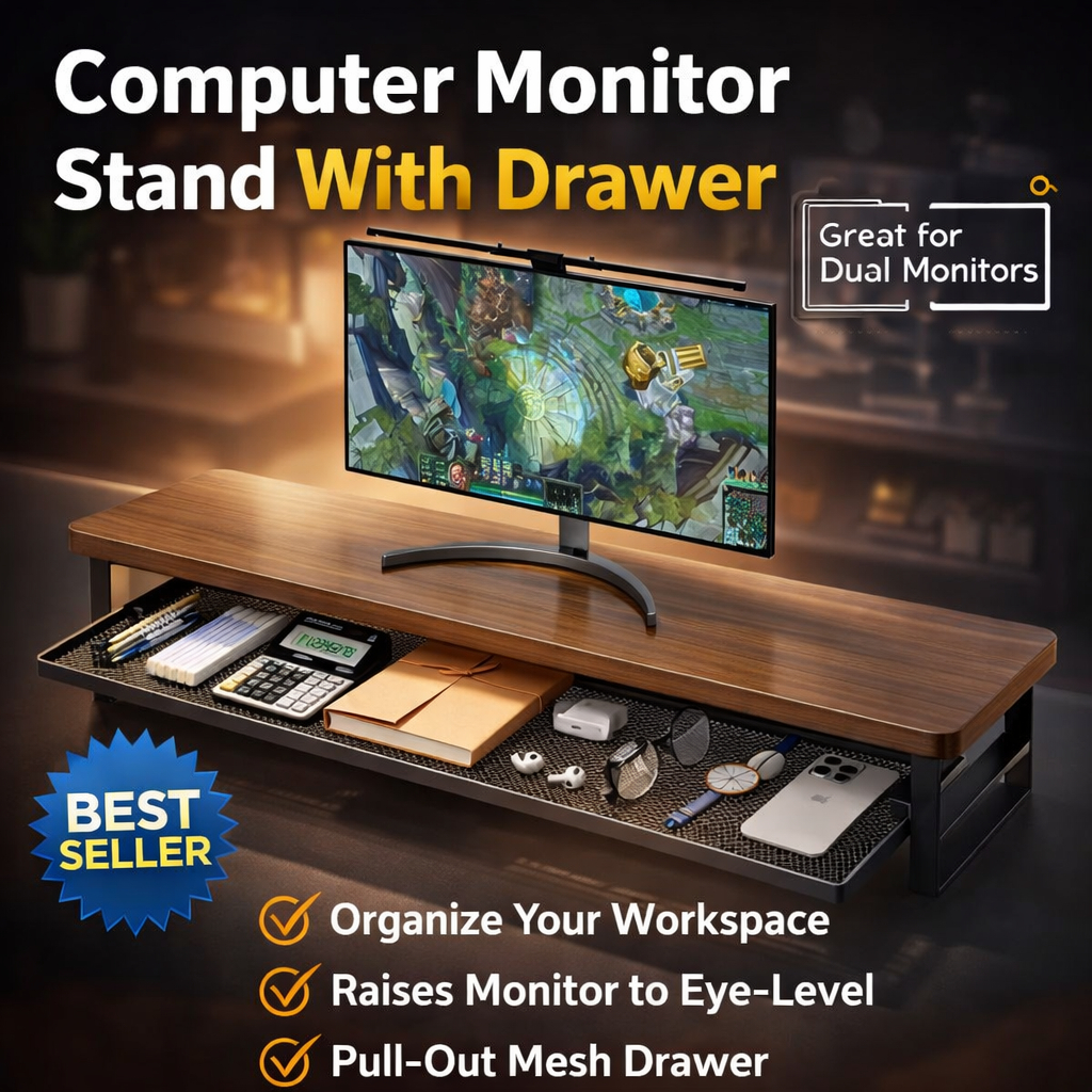 Wooden Monitor Stand Riser With Drawer Desk Organizer Dual Monitor ...