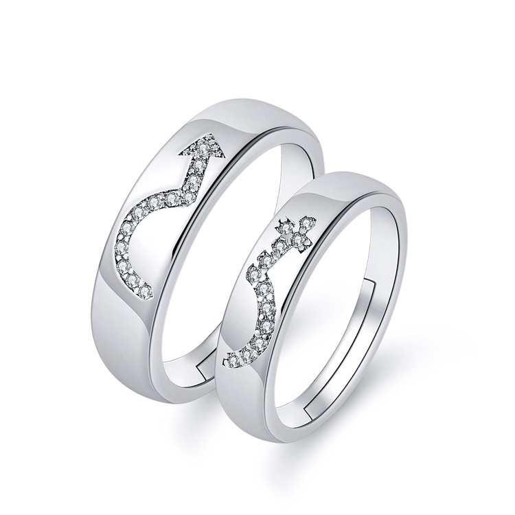 2pcs/set 925 Silver Couple Ring Cincin Adjustable Opening Rings Crystal ...