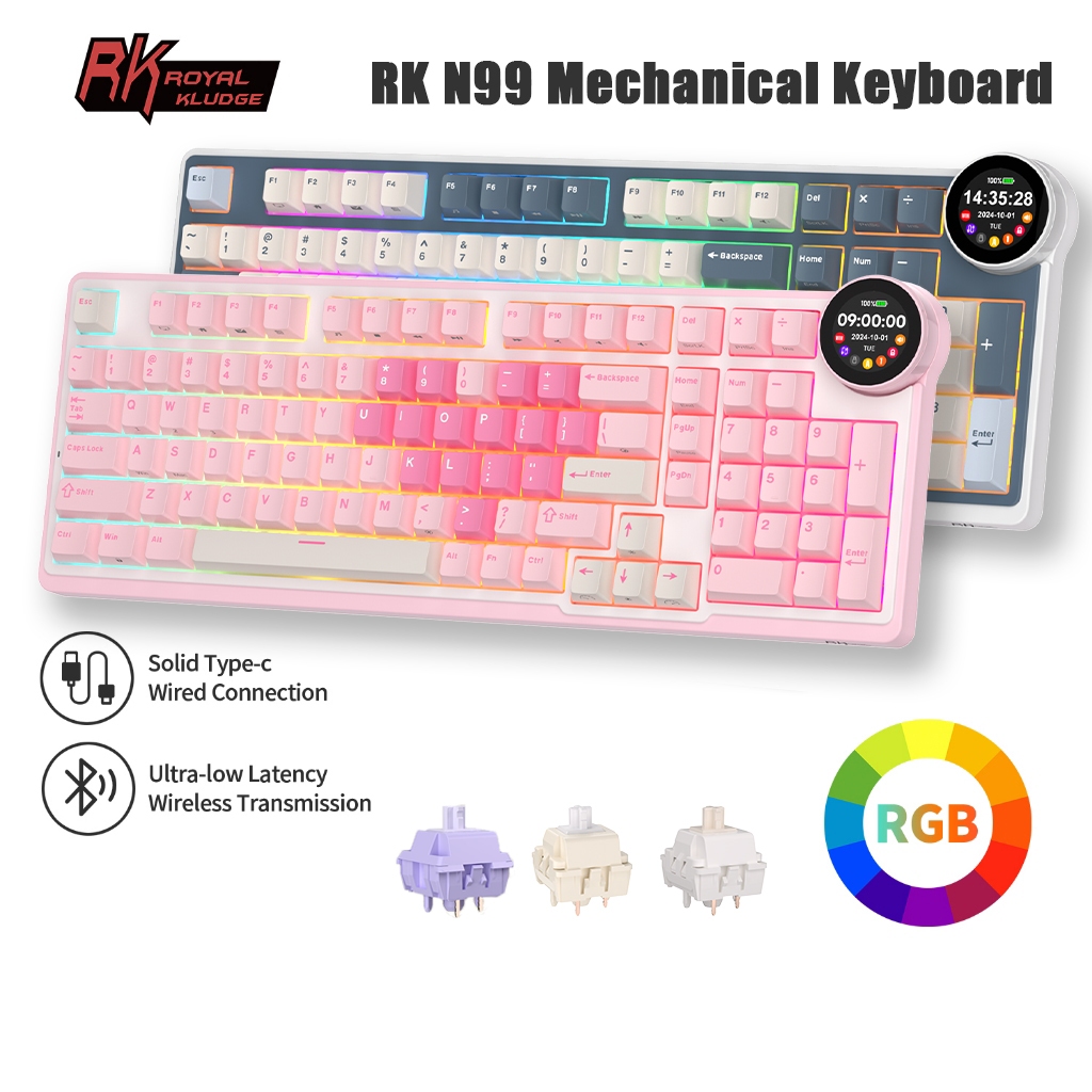 Royal Kludge RK N99 Pink Moon 98 Key Tri-Mode RGB Wired Bluetooth 2.4G ...