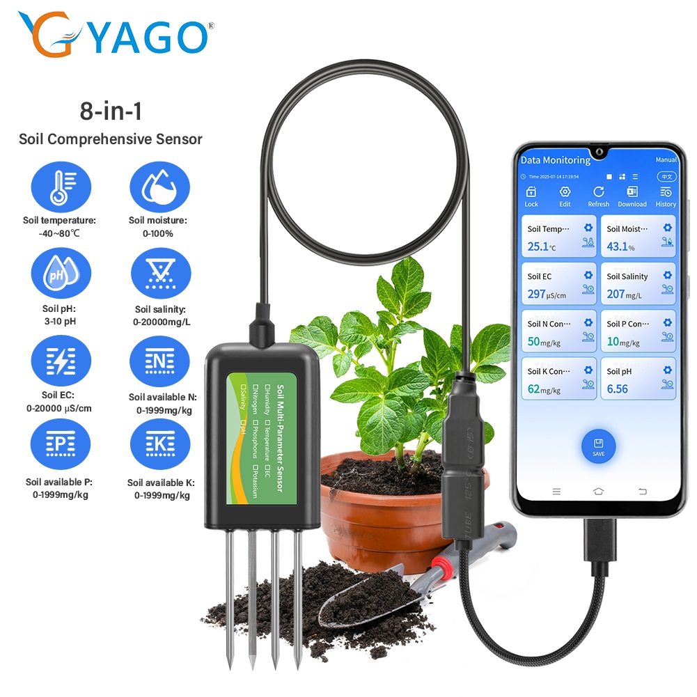 YAGO 8-in-1 Soil Comprehensive Sensor Temperature/Humidity/EC/Salt/Soil ...