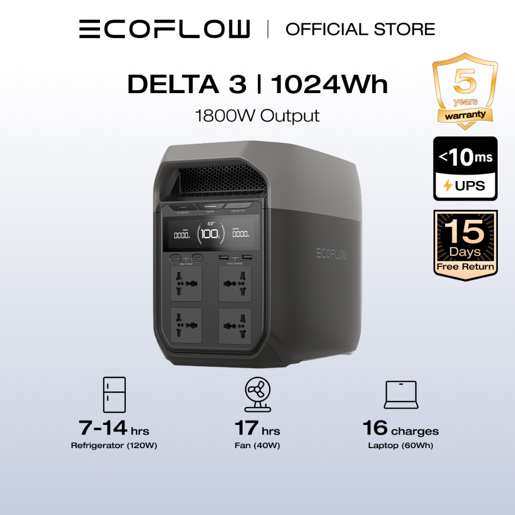 EcoFlow Portable Power Station DELTA 3, 1024Wh LFP Battery Solar ...