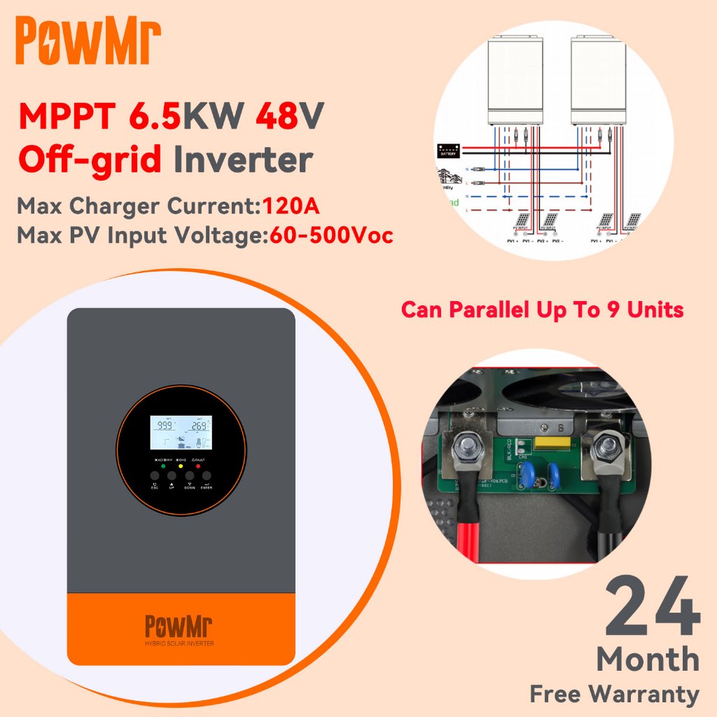 PowMr 3600 W On/Off Grid Solar Wechselrichter 24 V DC auf 100/110/120 V AC. Gebautes 120 A MPPT Solarlagerät mit zwei Ausgängen, Stromunterstützung Lifepo4  13