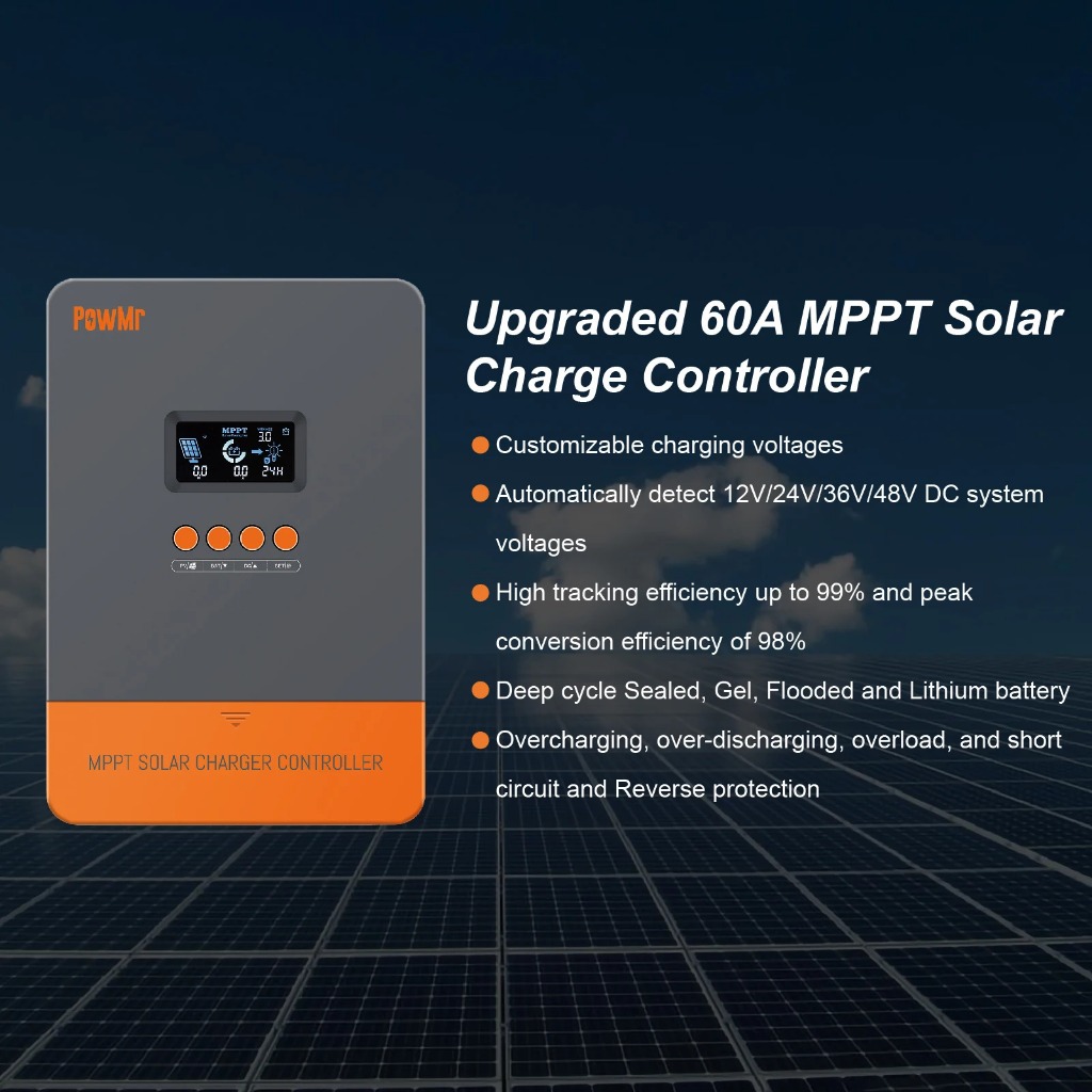 PowMr MPPT 60A Solar Charger Controller 12V 24V 36V 48V With Blacklight ...