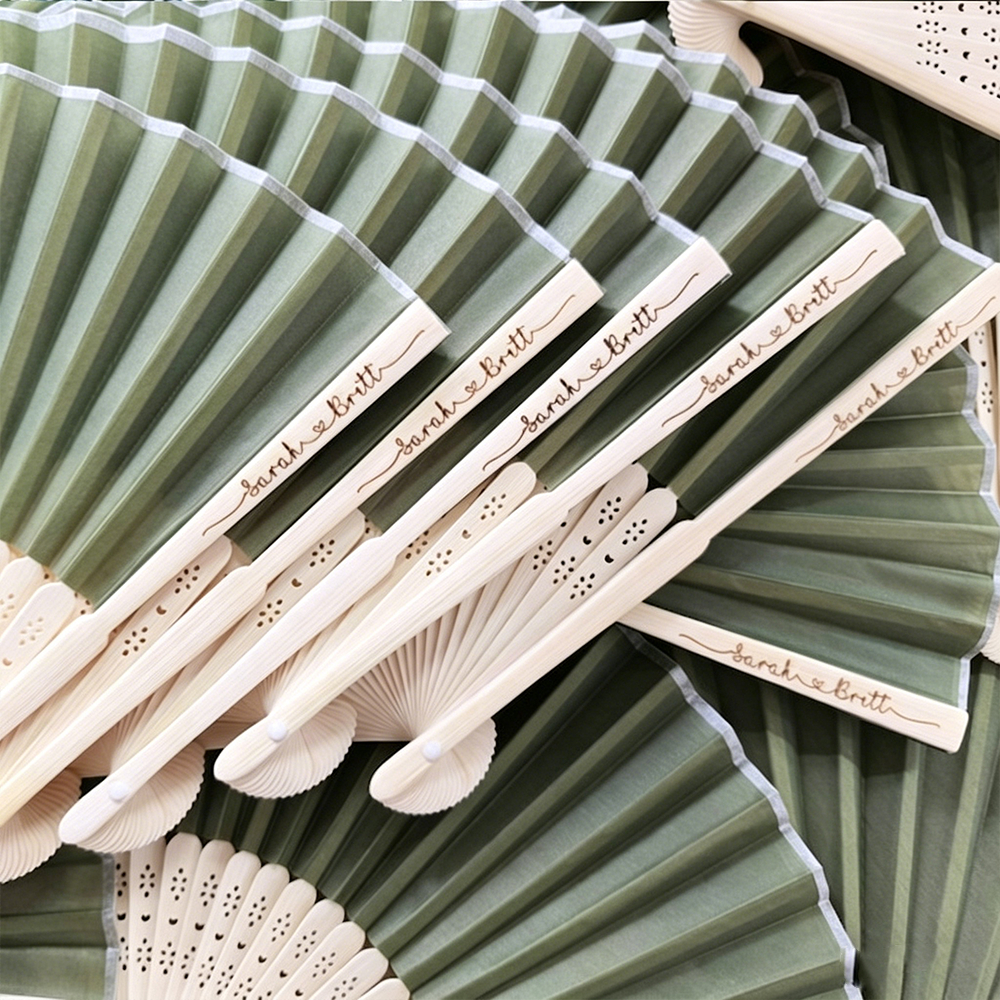 Free Customized Custom Wooden Green Fabric Hand Fans For Wedding Party ...