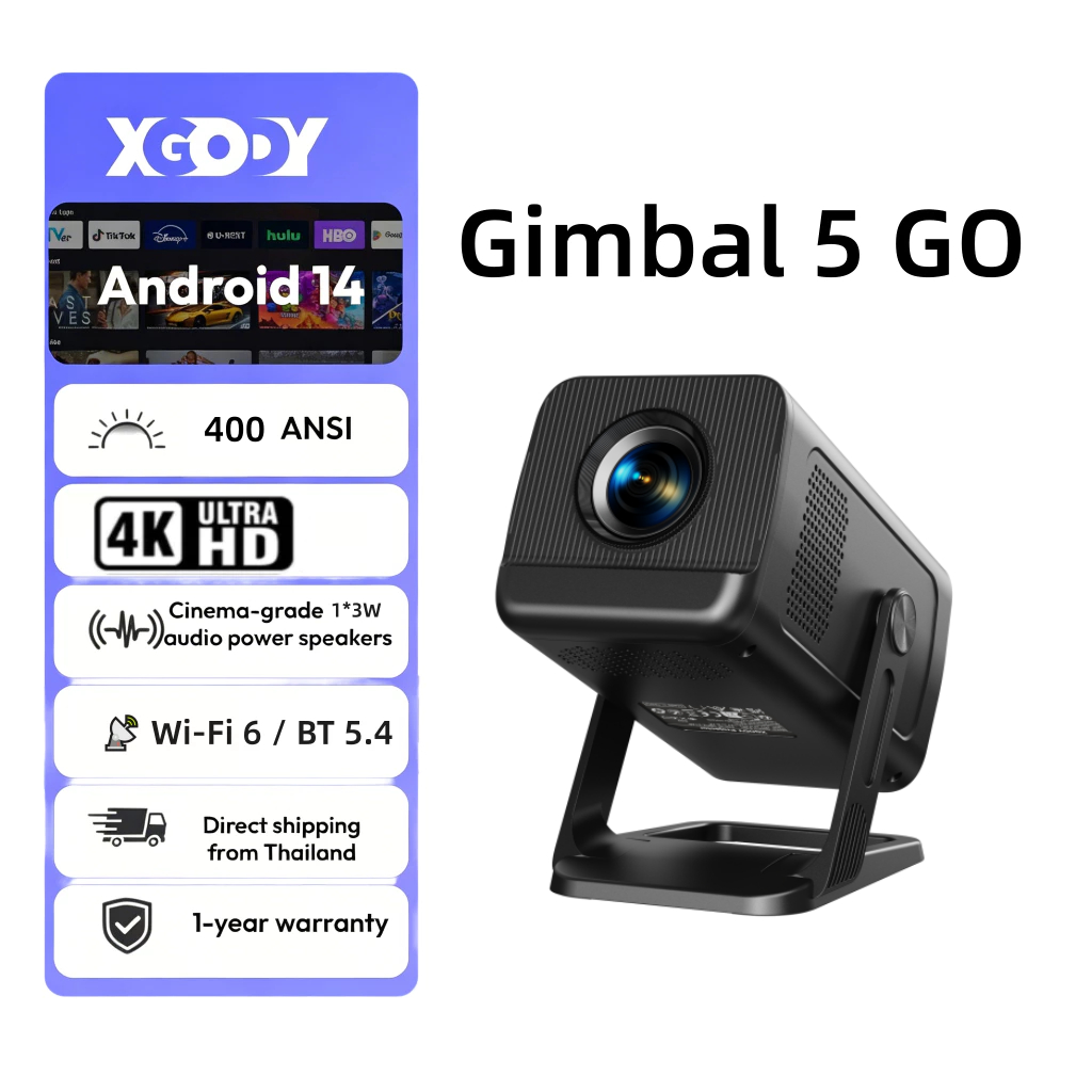 XGODY Gimbal 5 GO Mini Portable Projector 400ASNI 4K/8K HD Android 14 ...