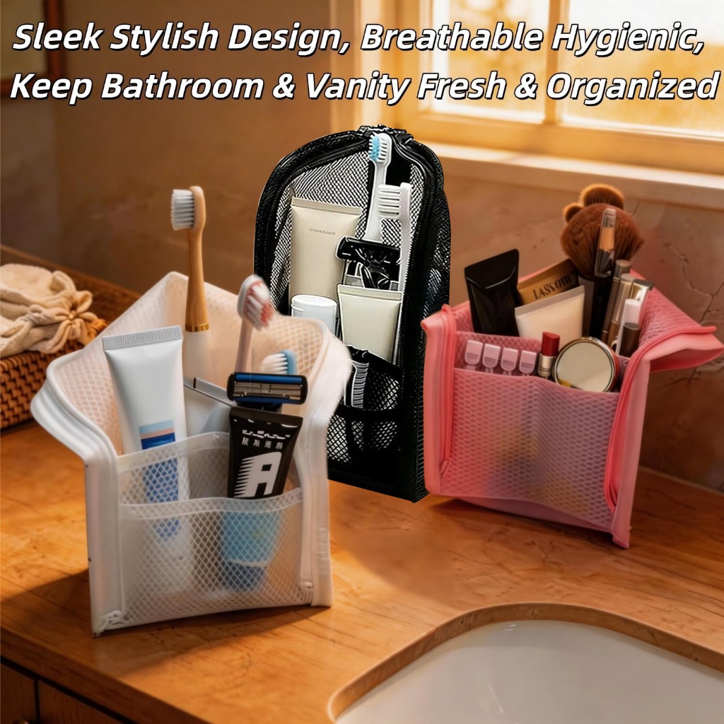 Sac De Toilette De Voyage Portable – Organisateur Pliable Avec Crochet, Mesh Aéré, Drainage – Pour Brosse à Dents, Maquillage, Vêtements – Plage, Gym, Camping, Gris