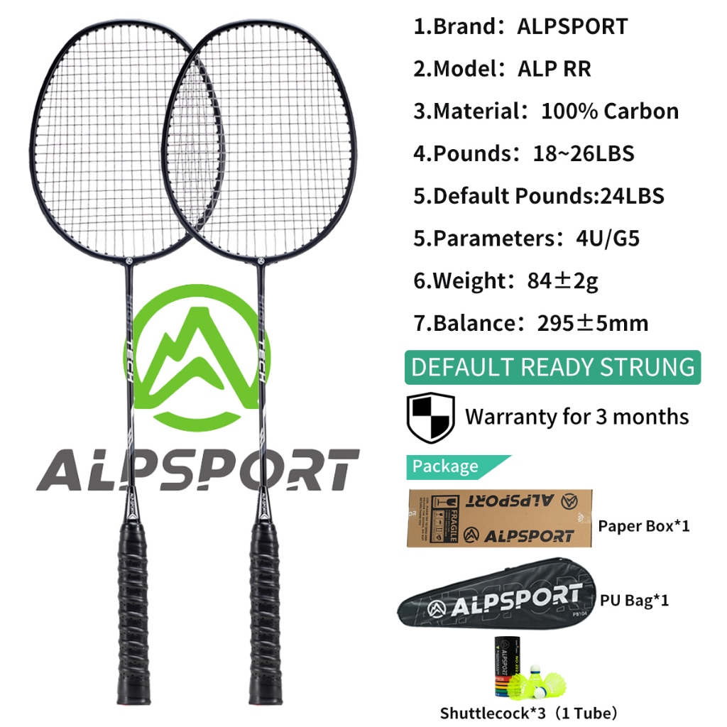 ALPSPORT RR 2Pcs+Bag Free Shuttlecock 4U Max 26LBS G5 Black Badminton ...