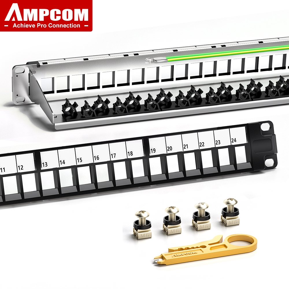 AMPCOM 24-Port Blank Keystone Patch Panel, 1U STP ,19 inch Rack Wall ...