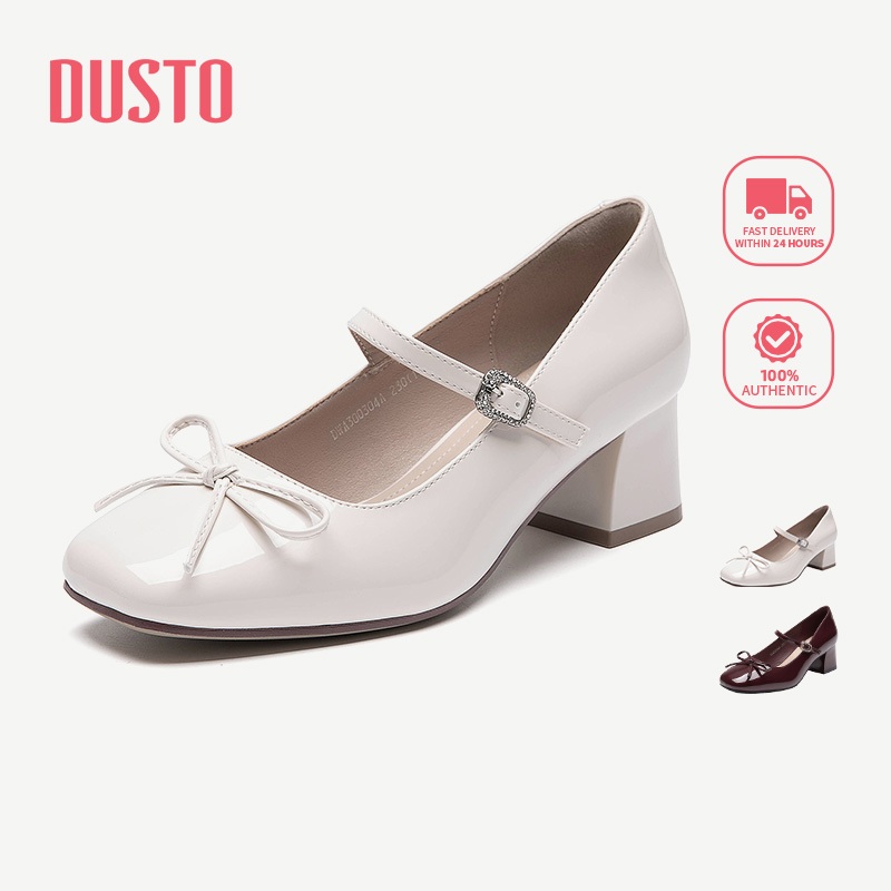 DUSTO Mary Jane Shoes Bow Knot Thick Heel Commuter Square Toe Shoes ...