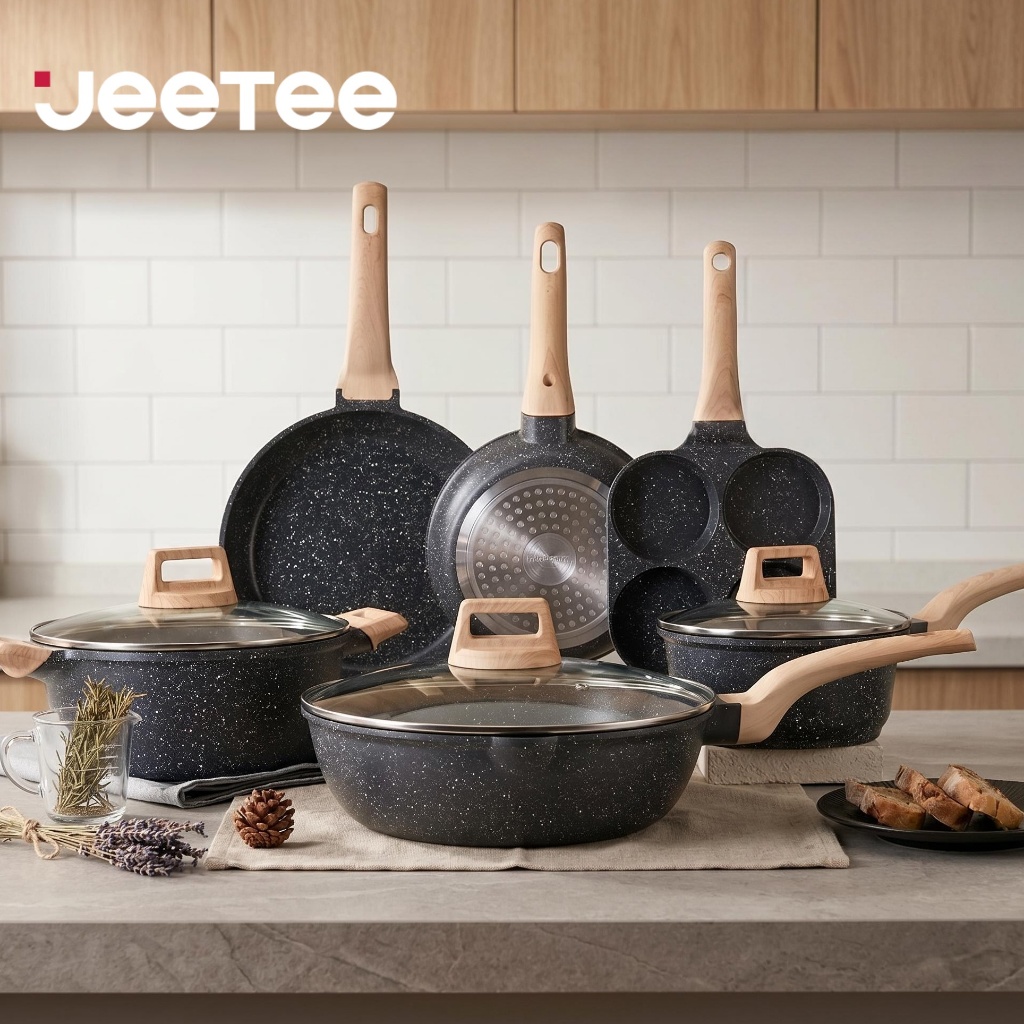 JEETEE Non-Stick Cookware 7/9/11-Pcs Set Die-Cast Maca Stone Cook Pan ...