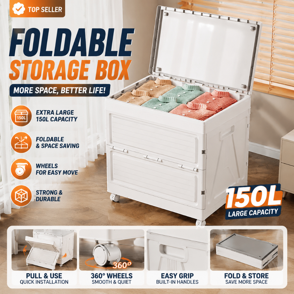 HAPPYFY 160L Large Capacity Storage Box With Wheels Foldable Plastic ...