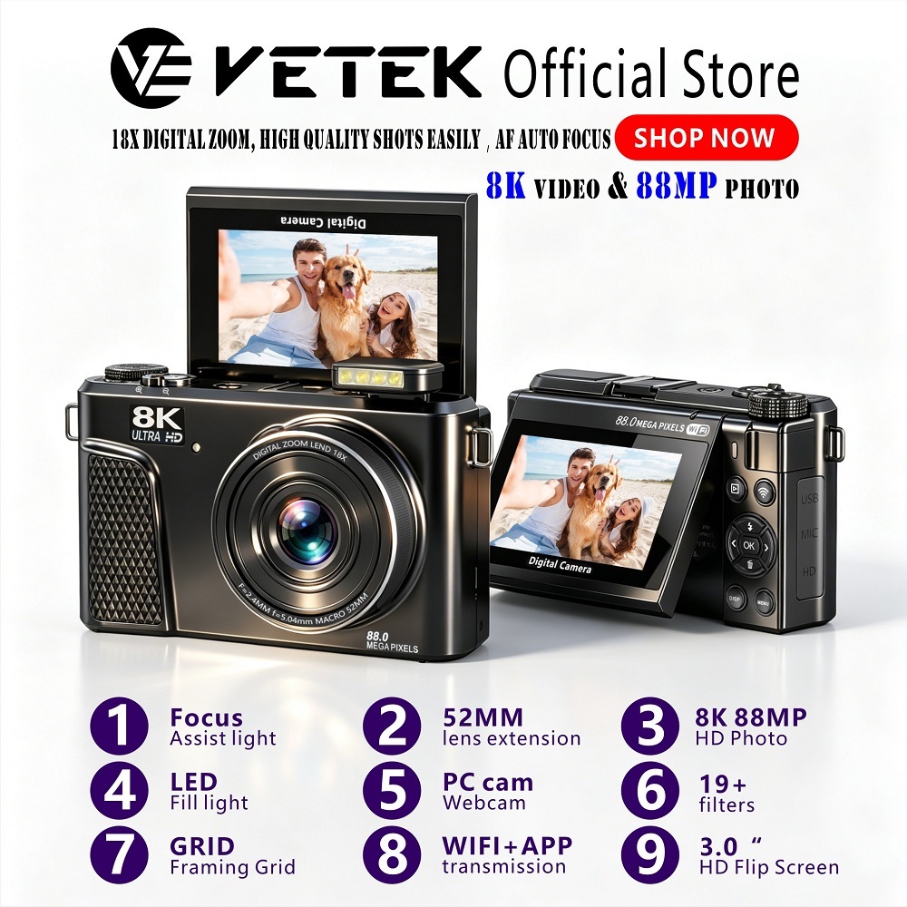 VETEK D300 camera, 8K Digital Camera for Photography , camera for ...