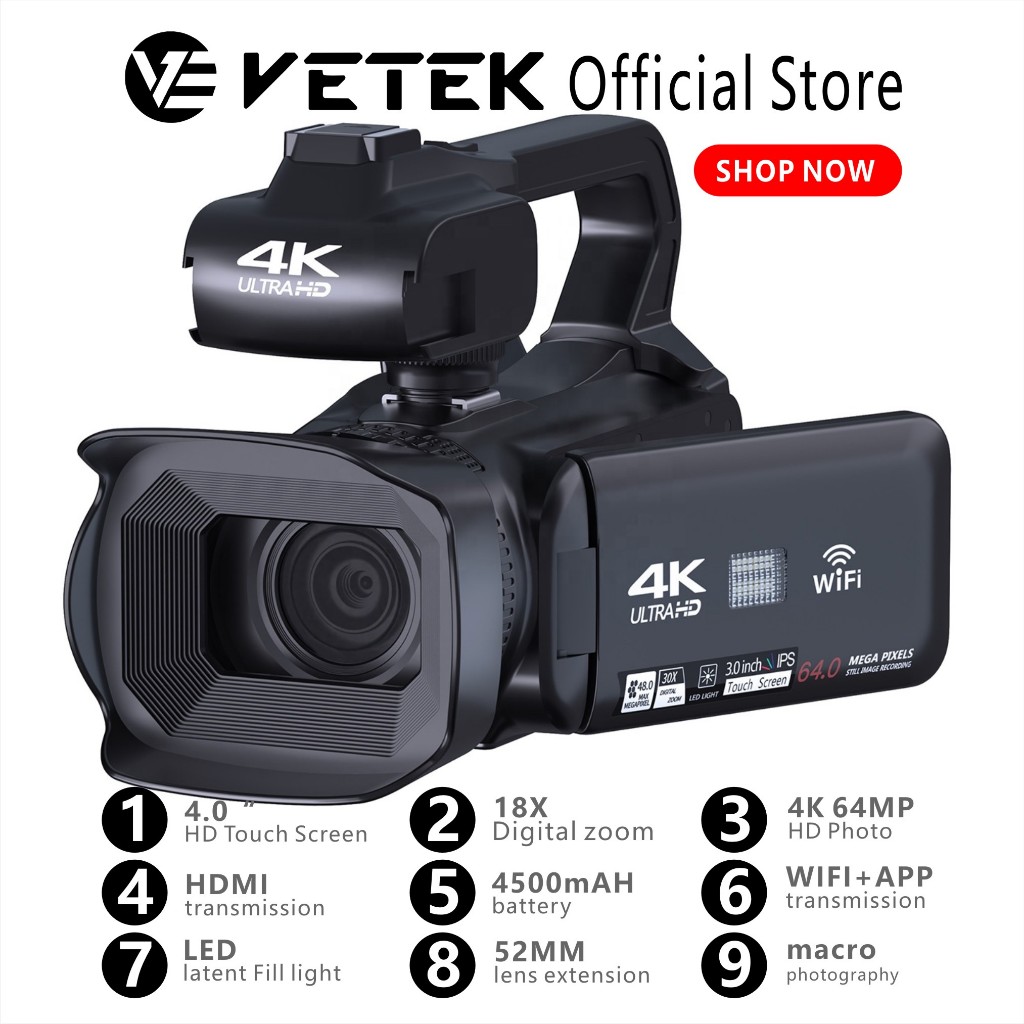 VETEK Camcorder 4K Video Camera 18x Digital CameraFor Live Streaming ...