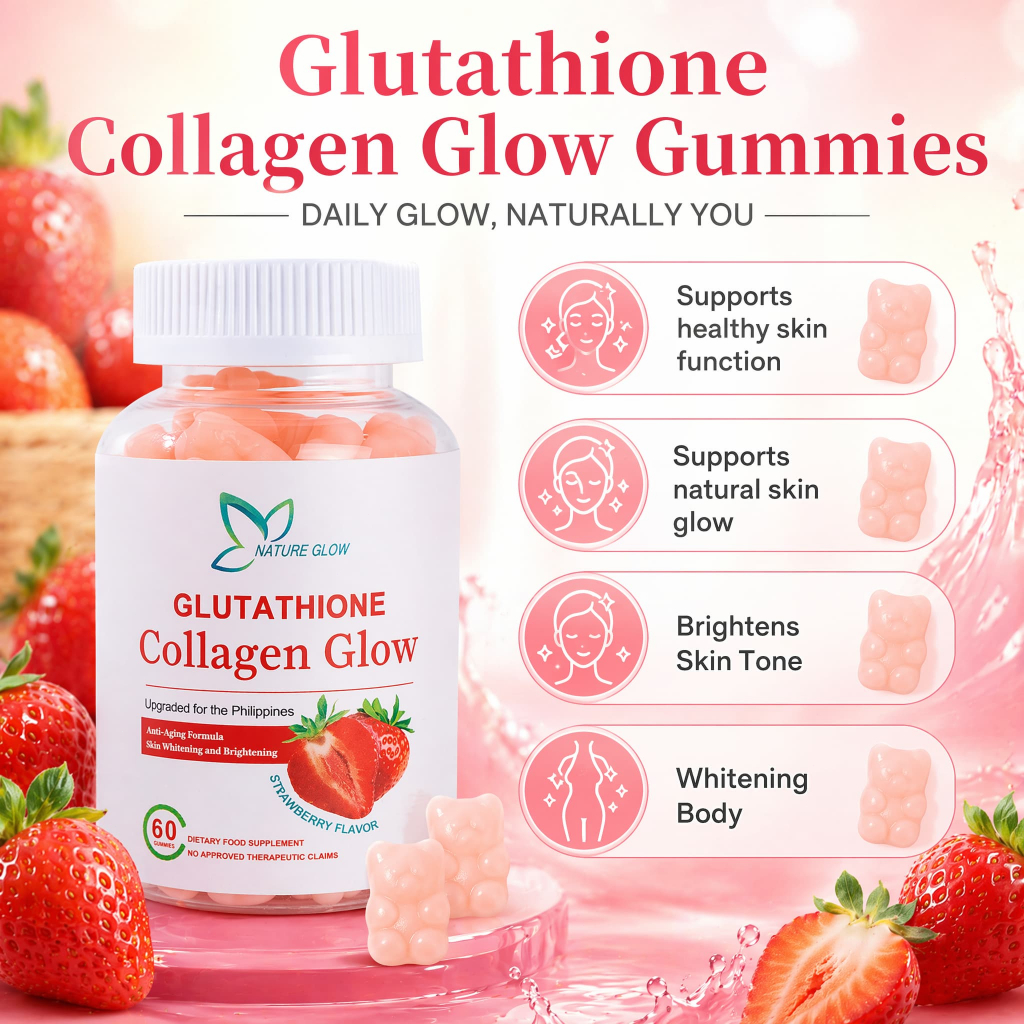 NATURE GLOW Glutathione Collagen Gummies Whitening Skin Anti-Aging Collagen Glow Vitamins 60 pcs