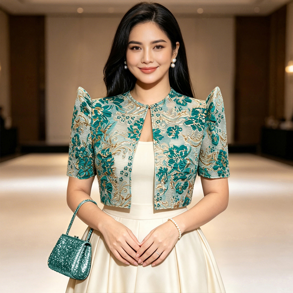 Amyenjoylife Modern Filipiniana Bolero Top | Teal Gold Floral Brocade ...