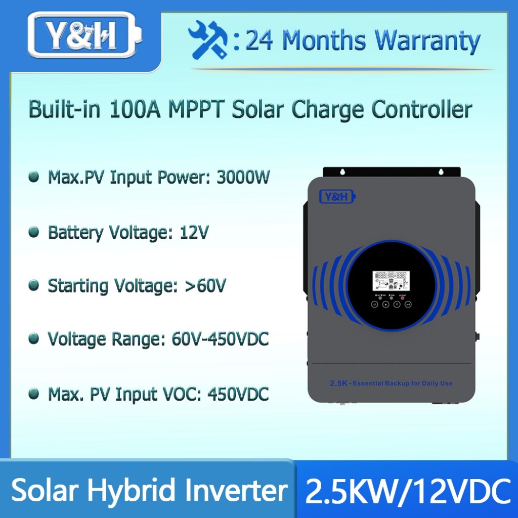 Y&H 2500W Hybrid Solar Inverter 12V DC to 230V AC Pure Sine Wave, 100A ...