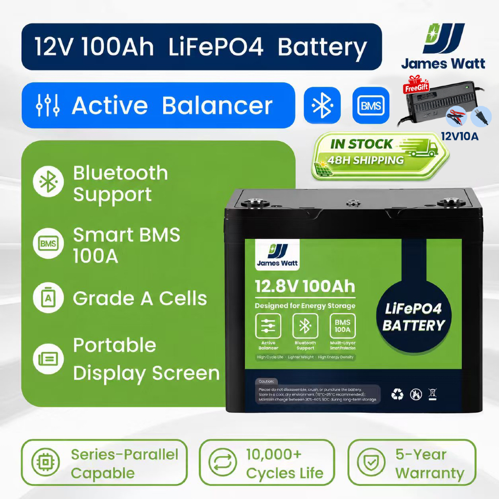 【Free Charger】James Watt 12V 100Ah LiFePO4 Battery with Active Balancer ...