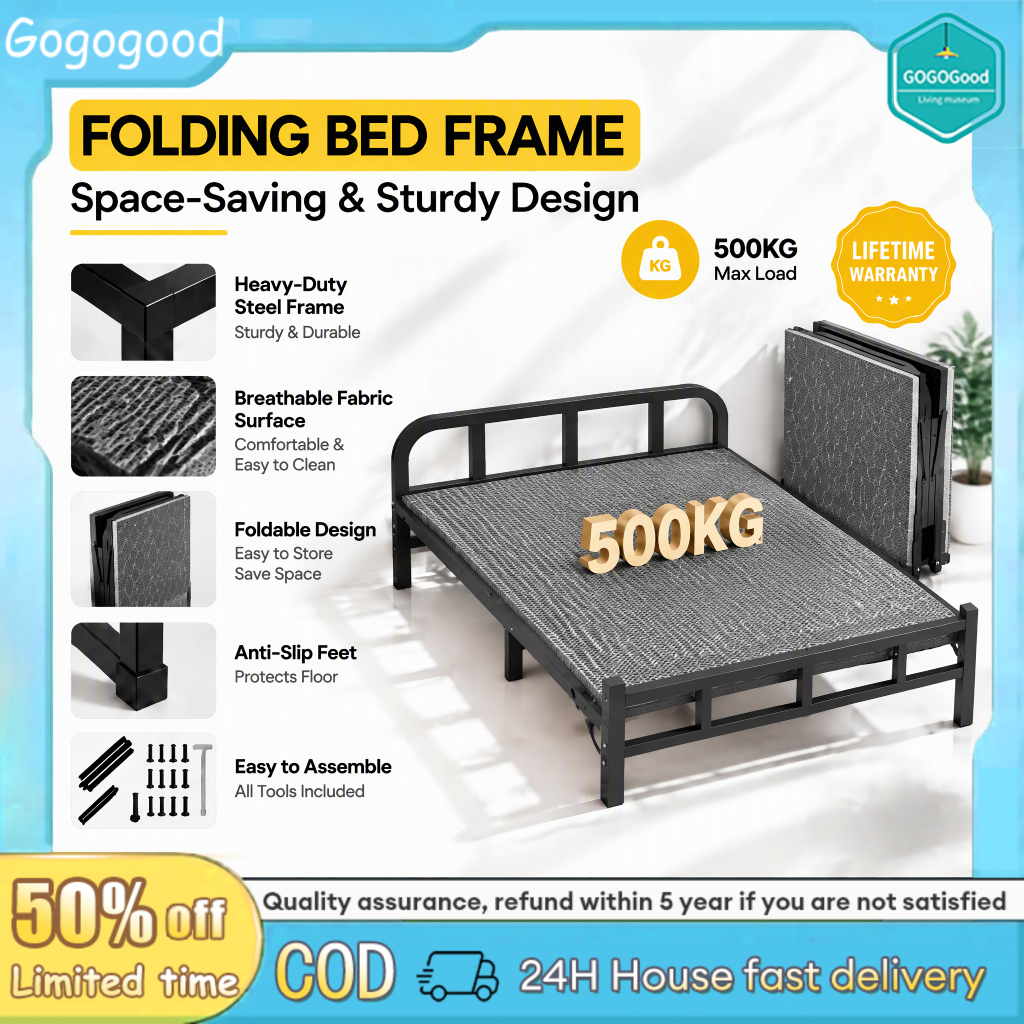 [COD] Folding Bed Bed Frame Metal Single/Double/Queen/King Foldable Bed ...