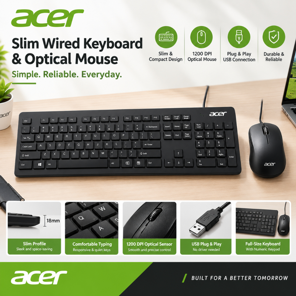 Acer OAK-030 Slim Wired Keyboard and Optical Mouse Combo for Desktop ...