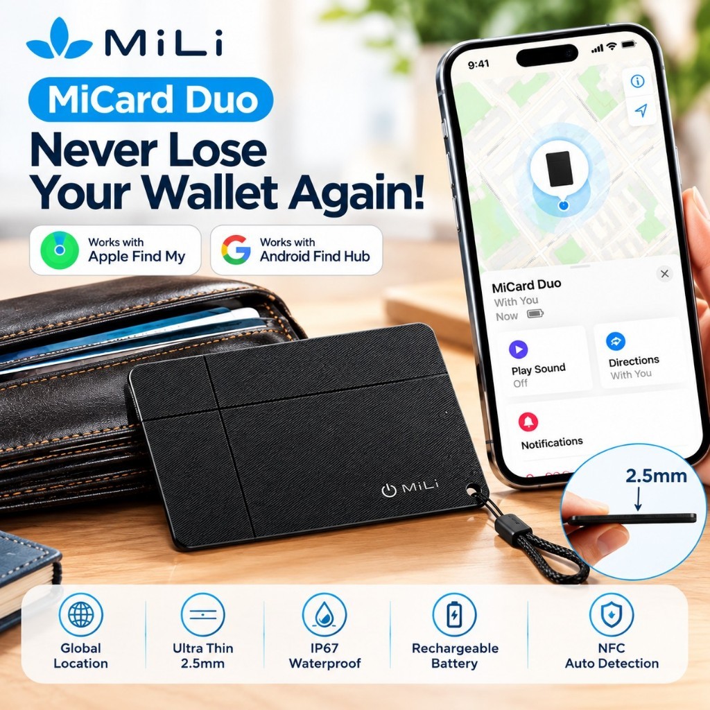 MILI MiCard Duo Ultra Thin Tracker Card 2.5mm, Dual System Locator for ...