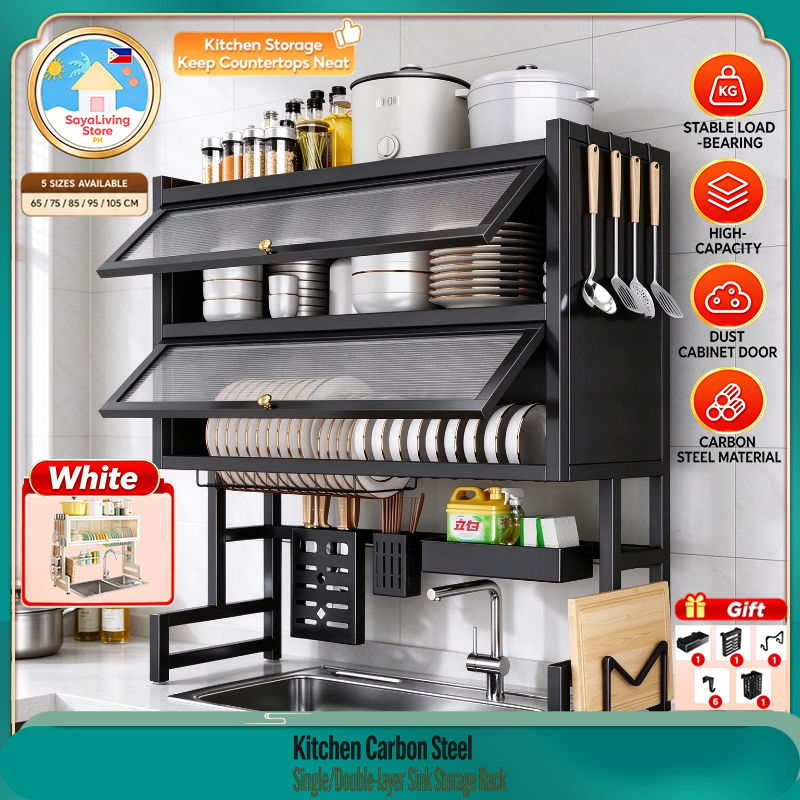 【SayaLiving Store】Kitchen Carbon Steel Single/Double-layer Sink Storage ...