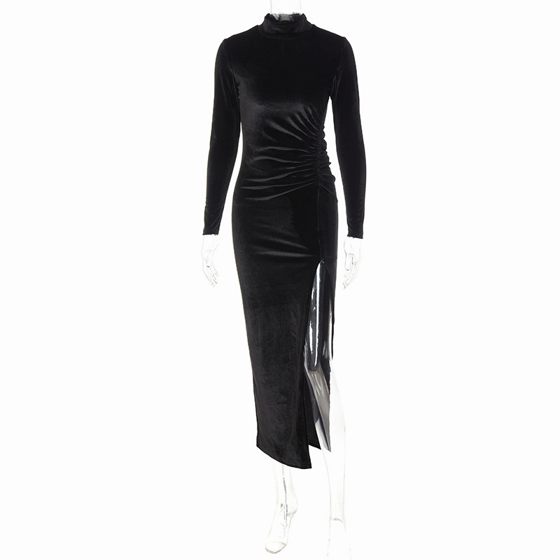 Solid Color Velvet Elegant Ribbon Long Sleeve Slim Maxi Dress