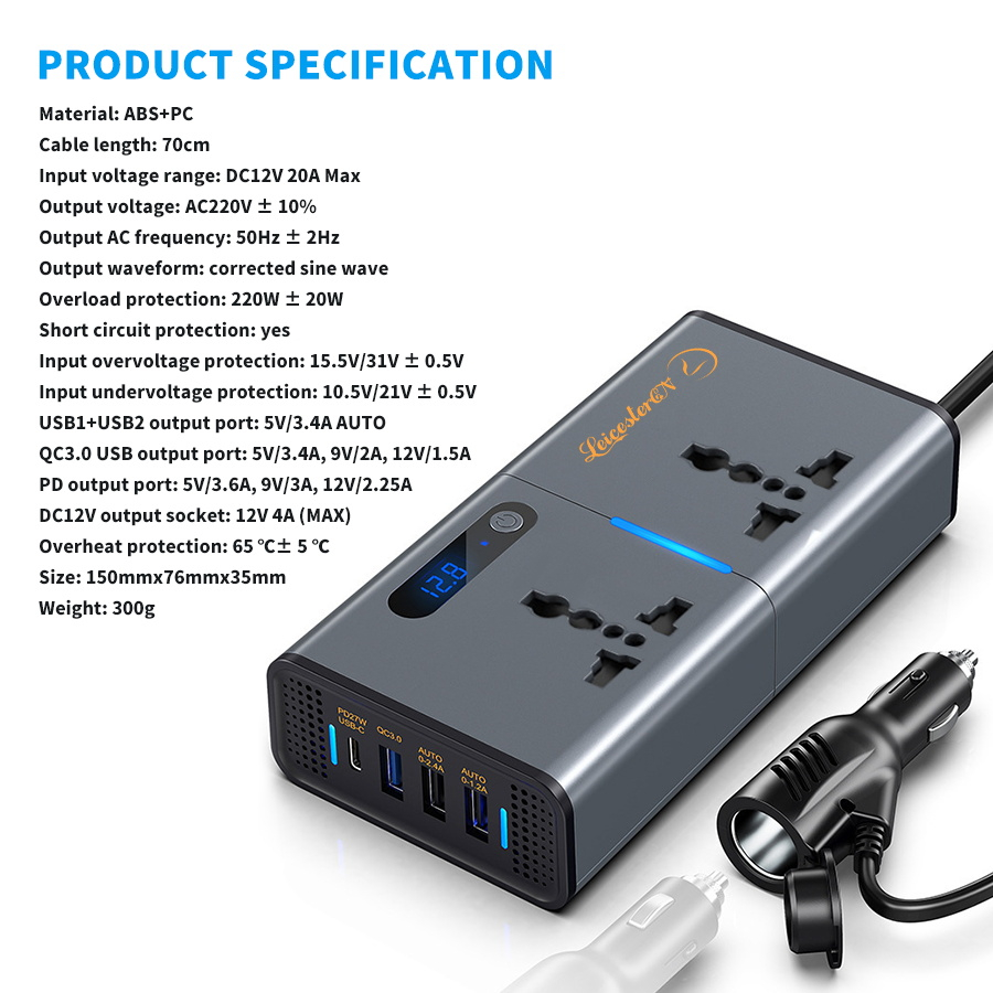 200W Power Inverter Car Charger DC 12v To AC 240v UK With 3 Pin Plug And 4 USB Ports Fast Charging Car Charger With Cigarette Lighter Plug For Laptop - View #9