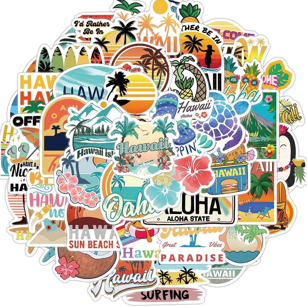 [Large Stickers]50pcs Cartoon Hawaii Tropical Beach Stickers Coconut ...