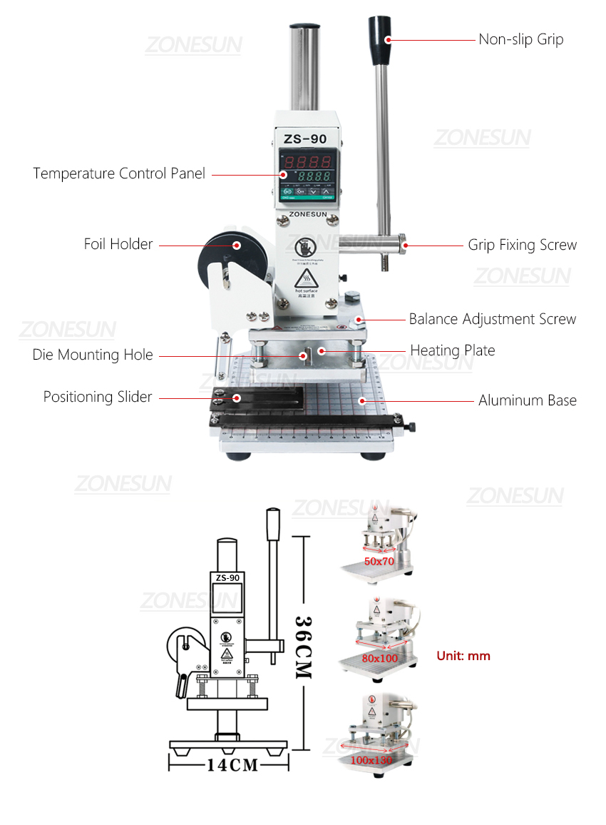 ZONESUN ZS90 Hot Foil Stamping Machine press simulator Leather Logo ...